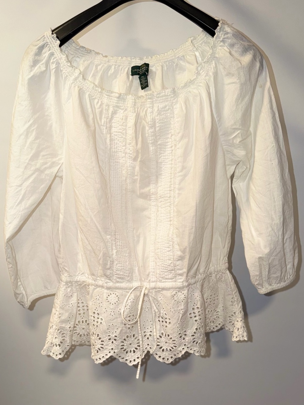 Lauren Ralph Lauren White Cotton Eyelet Peasant Blouse